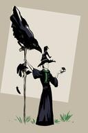 artist:guliver bird_(animal) black_robe character:mavika chick crow female grass green_scarf human looking_down meta:inntober meta:inntober_2023 meta:tagme prompt23 prompt_witch raven side_view simple_background solo spoiler:book12 spoiler:volume6 staff witch witch_hat // 2000x3000 // 216KB // rating:Safe