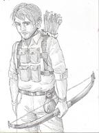 arrow artist:lechatdemon belt bow_(weapon) character:halrac_everam front_view holding_bow human looking_at_viewer male monochrome pants potion quiver short_hair solo spoiler:book2 // 775x1031 // 119KB // rating:Safe