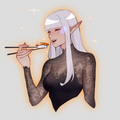 archmage artist:maoxfhan character:silvenia_ettertree commissioner:linu dress eating female half-elf long_hair meta:TWISocialMedia open_mouth side_view solo sparkle spoiler:volume10 upper_body white_hair // 2480x2480 // 3.7MB // rating:Safe