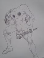 artist:lechatdemon cave_goblin character:snatcher front_view gnoll goblin head_only human monochrome muscle nude sack simple_background solo spoiler:book7 spoiler:volume5 standing stick white_background // 774x1032 // 32KB // rating:Safe