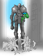 armor artist:mg blue_chestwear building character:xol chestplate child climbing door dullahan front_view gauntlet green_scales grey_chestwear grey_footwear grey_handwear grey_headwear grey_legwear group helmet lizardfolk looking_down male outside ponytail side_view sky spoiler:book11 spoiler:volume6 standing tail titan's_game war_walker // 2550x3300 // 2.1MB // rating:Safe
