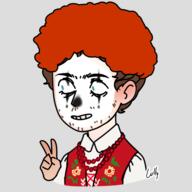 artist:richi bright_skin brown_hair character:thomas_trautmann clown copyright:picrew copyright:picrew_137904 disembodied_hand earther front_view human jewelry make-up male medium_hair necklace peace_sign red_chestwear red_hair shirt simple_background smile solo spoiler:book6 spoiler:volume4 transparent_background upper_body white_chestwear // 600x600 // 120KB // rating:Safe