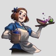 apron arm_raised artist:artsy_nada blue_chestwear blue_fruit_juice blush bowl bright_skin brown_eyes brown_hair brown_legwear character:erin_solstice drink earther female food front_view hairband human innkeeper medium_hair meta:official mug open_mouth pants plate potion shirt simple_background smile solo spoiler:book1 transparent_background upper_body // 720x720 // 340KB // rating:Safe