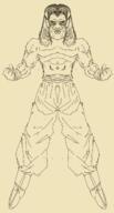 abs artist:gridcube beard boots character:eldavin character:son_goku character:teriarch copyright:dragon_ball_z cosplay floating front_view half-elf long_ears long_hair looking_at_viewer male monochrome muscle mustache pants simple_background solo spoiler:book1 topless yellow_background // 786x1471 // 397KB // rating:Safe