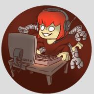 artist:brack character:pirate character:pirateaba copyright:spider-man furniture headphones keyboard medium_hair modern monitor no_pupils otto_octavius red_background red_chestwear red_hair shirt smile solo table twi_community white_eyes // 1300x1300 // 541KB // rating:Safe