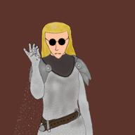 adventurer arm_raised armor artist:nenka belt blonde_hair bright_skin brown_background byres chainmail character:yvlon_byres female front_view frown grey_chestwear grey_legwear human lady long_hair nobility silver simple_background siver skill_display solo spoiler:volume7 sunglasses upper_body warrior // 600x600 // 114KB // rating:Safe