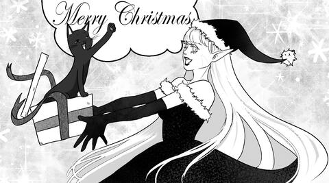 artist:yura cat character:rinu character:silvenia_ettertree christmas_hat dress gift gloves half-elf meta:TWISocialMedia side_view spoiler:volume9 text // 1434x798 // 960KB // rating:Safe