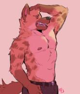 arm_raised artist:fiore belt brown_fur character:ishkr_silverfang closed_eyes gnoll hand_on_head male nipple nipple_(male) open_mouth pants pink_background sharp_teeth side_view simple_background solo spoiler:book5 spoiler:volume4 standing tail topless upper_body waiter white_fur // 2400x2800 // 2.9MB // rating:Safe