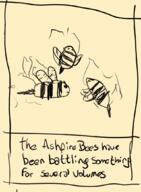 animal artist:gridcube ashfire_bee bee character:oc fire group marchinn marchinn_2023 meta:tagspoiler monochrome simple_background smile spoiler:volume6 stinger text trio wing yellow_background // 773x1051 // 276KB // rating:Safe
