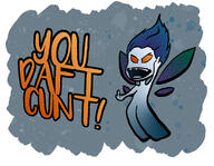 artist:auspiciousoctopi blue_background blue_hair blue_skin caption character:ivolethe frost_faery medium_hair middle_finger open_mouth orange_eyes quote sharp_teeth snow solo spoiler:book2 text wing // 762x592 // 288KB // rating:Safe