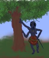 antinium arm_raised artist:gridcube bag barefoot black_eyes character:ksmvr free_antinium front_view grass jewelry looking_at_viewer missing_arm necklace plant sexless solo spoiler:volume7 sword topless tree // 976x1153 // 792KB // rating:Safe