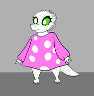 artist:saladan0 barefoot character:visma drake dress female front_view green_eyes green_scales grey_background pink_dress simple_background solo spoiler:volume7 standing tail white_scales // 3648x3704 // 802KB // rating:Safe