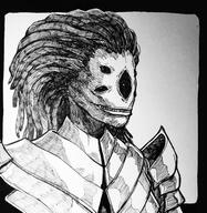 armor artist:dr_replig8r black_eyes character:gazi_pathseeker dreadlocks female half-gazer head_only looking_at_viewer looking_up monochrome seven sharp_teeth simple_background smile solo spoiler:book1 white_background // 3120x3203 // 3.9MB // rating:Safe