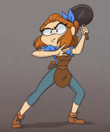 apron artist:vulpy_doodle_studios blue_chestwear blue_legwear boots bright_skin brown_footwear brown_hair character:erin_solstice earther female front_view frown frying_pan grey_background headband holding_frying_pan human innkeeper jeans medium_hair shirt simple_background solo spoiler:book1 standing // 1000x1200 // 581KB // rating:Safe