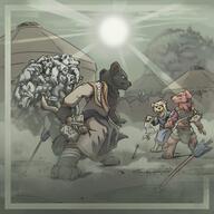 armor arrow artist:brack axe bandages barefoot black_eyes black_fur blue_paint blue_robe brown_fur character:khoteizethrough character:merish_plain's_eye character:satar_silverfang character:xherw_plain's_eye cloud daemon elemental flower front_view frown gnoll grass green_background group halberd holding_axe holding_halberd leader leather_armor male open_mouth plant robe shaman sharp_teeth side_view sky spear spoiler:volume8 standing sun swamp_elemental tail tear tent warrior white_fur white_robe yellow_eyes // 3000x3000 // 3.0MB // rating:Safe