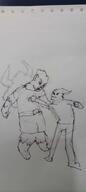 artist:gridcube attack character:brunkr_silverfang character:erin_solstice duo earther female front_view gnoll head_only horn human innkeeper looking_down male open_mouth pants pen_art pencil_art punch shirt shorts skill_display spoiler:book2 standing // 720x1600 // 42KB // rating:Safe