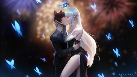 artist:maoxfhan butterfly character:linu character:rinu character:silvenia_ettertree commissioner:linu duo female kiss magic male meta:TWISocialMedia side_view spoiler:volume9 // 6238x3508 // 12MB // rating:Safe