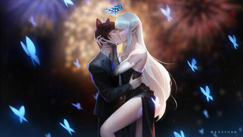 archmage artist:maoxfhan black_dress butterfly cat_ears character:linu character:rinu character:silvenia_ettertree closed_eyes commissioner:linu deathless duo female half-elf human kiss long_hair mage magic male meta:TWISocialMedia side_view spoiler:volume9 standing // 6238x3508 // 12MB // rating:Safe