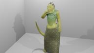 3d_art arm_raised artist:sidehammer bare_shoulders barefoot character:drassi_tewing claw drake female front_view green_chestwear green_eyes green_legwear green_scales inside meta:inntober meta:inntober_2023 neck_spine prompt5 prompt_drake sharp_nails simple_background skirt solo spike spoiler:book1 standing tail white_background yellow_scales // 1920x1080 // 1.8MB // rating:Safe