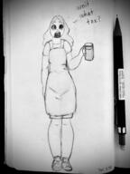 apron artist:auspiciousoctopi caption character:erin_solstice drink earther female human innkeeper long_hair looking_at_viewer meta:tagme monochrome open_mouth pencil shoes simple_background solo spoiler:book13 spoiler:volume6 standing white_background // 3024x4032 // 6.8MB // rating:Safe