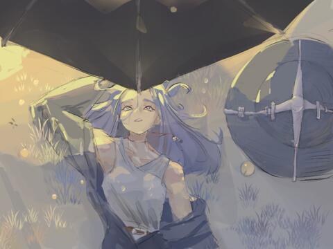 arm_raised artist:anito belt blue_chestwear blue_hair brown_eyes character:alevica female grass grey_chestwear human jewelry looking_up lying_on_back meta:tagme meta:TWISocialMedia necklace rain spoiler:volume10 umbrella witch // 4000x3000 // 5.7MB // rating:Safe