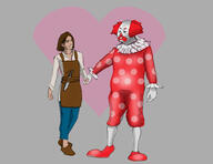 apron artist:mg blue_legwear bright_skin brown_footwear brown_hair character:erin_solstice character:thomas_trautmann clown duo earther female front_view grey_background heart holding_hands human innkeeper knife make-up male medium_hair pants red_footwear red_hair red_legwear red_paint shoes simple_background smile spoiler:book6 spoiler:volume4 standing sweatshirt white_legwear white_paint // 3300x2550 // 1.3MB // rating:Safe