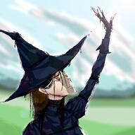 arm_raised artist:johndoe bandages black_handwear blue_headwear blue_robe bright_skin character:belavierr_donamia cloud female frown grass hat human long_hair looking_up needle outside plant robe side_view sky solo spoiler:book12 spoiler:volume6 thread upper_body witch witch_hat yellow_eyes // 1620x1611 // 369KB // rating:Safe