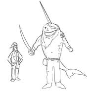 artist:mg drowned_folk eyepatch hat height_comparison holding_sword meta:tagchar meta:tagme meta:tagspoiler monochrome open_mouth pants shoes simple_background standing sword white_background // 3300x3300 // 1.1MB // rating:Safe