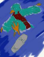 artist:gridcube beak blue_background blue_eyes character:oc flying garuda green_feather red_chestwear riding_skateboard skateboard spoiler:volume7 wing // 1023x1320 // 1.2MB // rating:Safe