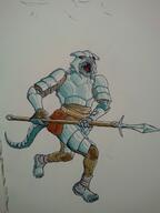 armor artist:lechatdemon attack bag blue_chestwear blue_scales brown_legwear character:oc chestplate drake front_view helmet holding_spear male open_mouth orange_eyes pants running sharp_nails sharp_teeth simple_background soldier solo spear spoiler:book1 white_background // 3120x4160 // 3.1MB // rating:Safe