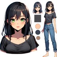 artist:chat_gpt4 bare_shoulders barefoot black_chestwear black_hair blue_legwear blush bright_skin character:ryoka_griffin classless female front_view green_eyes head_only human jeans long_hair looking_at_viewer meta:ai navel runner shirt simple_background solo spoiler:book1 standing upper_body white_background // 1024x1024 // 181KB // rating:Safe