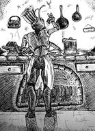 antinium apron arm_raised artist:cortz back_view cauldron character:garry chef_hat cook cooking fire free_antinium frying_pan hat kitchen meta:inntober meta:inntober_2020 monochrome sign spoiler:book3 spoiler:volume3 topless white_background // 2055x2848 // 2.0MB // rating:Safe