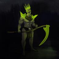 artifact artist:auspiciousoctopi bald barefoot black_background character:fetohep front_view glowing_eyes green_eyes green_skin holding_scythe male muscle navel nipple nipple_(male) scythe skull solo spoiler:volume8 standing topless undead // 5130x5134 // 16MB // rating:Safe