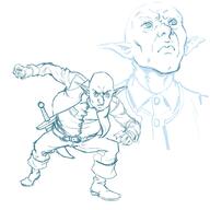 artist:tobinkusuma bald belt boots character:oc front_view goblin jacket long_ears looking_at_viewer male monochrome pants sharp_nails shirt simple_background solo standing sword white_background // 2048x2048 // 357KB // rating:Safe