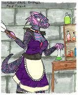 alchemy apron arm_raised artist:gridcube blue_scales character:onieva_oliwing drake feather_duster female front_view looking_at_viewer maid_dress meta:inntober meta:inntober_2023 meta:tagme necklace pink_scales potion prompt5 prompt_drake purple_dress solo spoiler:volume7 upper_body // 1504x1828 // 423KB // rating:Safe