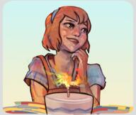 apron artist:miguel birthday_cake blue_background blue_chestwear blue_headwear brown_eyes brown_hair candle character:erin_solstice female fire food hand_on_chin human looking_away meta:tagme simple_background sitting smile spoiler:book1 // 900x758 // 570KB // rating:Safe