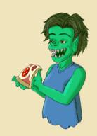 artist:gridcube bare_shoulders blue_chestwear character:snapjaw cheese female food goblin green_hair green_skin hobgoblin medium_hair open_mouth pizza red_eyes sharp_teeth simple_background solo spoiler:book6 spoiler:volume4 tomato top upper_body yellow_background // 1156x1612 // 732KB // rating:Safe