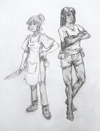 apron artist:deepsikk barefoot character:erin_solstice character:ryoka_griffin classless duo earther female front_view holding_knife hotpants human innkeeper knife long_hair looking_at_viewer medium_hair pants ponytail shirt shoes spoiler:book2 // 2448x3200 // 1.3MB // rating:Safe