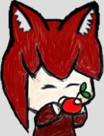 apple artist:dm_craft artist:pirateaba bright_skin cat_ears character:pirate character:pirateaba closed_eyes eating food front_view fruit medium_hair open_mouth red_chestwear red_hair simple_background solo sweatshirt transparent_background upper_body // 172x225 // 62KB // rating:Safe