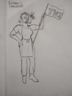apron arm_raised artist:justaguywithabeanie belt caption character:erin_solstice earther female flag front_view hairband hand_on_hip holding_flag human innkeeper medium_hair meta:inntober meta:inntober_2023 pants pencil_art prompt1 prompt_innkeeper shirt shoes simple_background solo spoiler:book1 text white_background // 3120x4160 // 472KB // rating:Safe