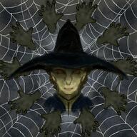 artist:gridcube black_background black_headwear character:belavierr_donamia disembodied_hand female front_view green_hair green_skin hat head_only human jewelry looking_at_viewer medium_hair necklace orange_eyes smile solo spider_web spoiler:book12 spoiler:volume6 witch witch_hat // 2048x2048 // 2.2MB // rating:Safe