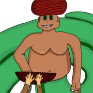 artist:richi bowl bright_skin brown_chestwear character:oc character:yazdil_achakhei duo front_view green_eyes green_scales hat lizardfolk looking_at_viewer male naga navel nipple nipple_(male) red_headwear simple_background slaver smile spoiler:volume7 tail toned_skin turban white_background // 2500x2500 // 2.2MB // rating:Safe