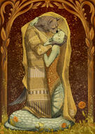 artist:artsy_nada bottomless brown_background brown_fur character:elirr_fultpar character:hexel_quithail closed_eyes duo flower gnoll grass green_scales hug kiss lamia lizardfolk male plant robe side_view spoiler:volume7 standing tail yellow_robe // 848x1200 // 715KB // rating:Safe