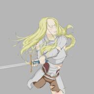 armor artist:anito attack blonde_hair blood brown_legwear byres character:yvlon_byres female front_view grey_background holding_sword human lady long_hair looking_up missing_leg nobility open_mouth pants simple_background solo spoiler:book1 sword // 2000x2000 // 1.1MB // rating:Safe