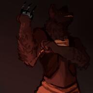 arm_raised artist:lire bandages brown_background brown_chestwear brown_eyes brown_fur brown_legwear character:bearclaw female front_view gnoll looking_at_viewer looking_down meta:tagobj sharp_nails sharp_teeth smile solo spoiler:book14 spoiler:volume6 standing vest // 1024x1024 // 406KB // rating:Safe