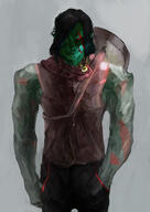 artist:mencret bare_shoulders black_hair black_legwear brown_chestwear character:numbtongue front_view goblin green_skin grey_background guitar instrument long_ears looking_at_viewer male medium_hair muscle musician pants red_eyes red_paint redfang_five redfang_tribe simple_background smile solo spoiler:book8 spoiler:volume5 standing // 900x1273 // 222KB // rating:Safe