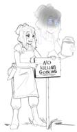acid acid_jar apron artist:arh bag boots character:erin_solstice digital_art earther female fire front_view frown glowing_eyes grass hairband innkeeper jar knife medium_hair meta:inntober meta:inntober_2023 monochrome no_killing_goblins open_mouth pants plant prompt1 prompt_innkeeper quote sign simple_background smile solo spoiler:volume7 text white_background // 3496x6000 // 3.6MB // rating:Safe