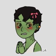 artist:richi black_hair bow brown_eyes character:rags copyright:picrew copyright:picrew_137904 disembodied_hand earring female front_view goblin green_skin looking_at_viewer make-up necklace scar short_hair simple_background solo spoiler:book1 tattoo transparent_background upper_body // 600x600 // 108KB // rating:Safe