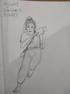 artist:justaguywithabeanie bag belt caption character:ryoka_griffin classless earther female front_view frown human long_hair meta:inntober meta:inntober_2023 monochrome pants pencil_art ponytail prompt19 prompt_runner runner running shirt simple_background solo spoiler:book1 text white_background // 3120x4160 // 518KB // rating:Safe