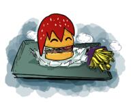 artist:johndoe burger character:pirateaba closed_eyes food fries front_view head_only meat medium_hair onion paper patty red_hair salad solo tomato tray white_background // 1262x995 // 455KB // rating:Safe